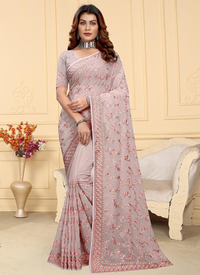 Georgette Dusty Lavender Traditional Wear Embroidery Work Saree